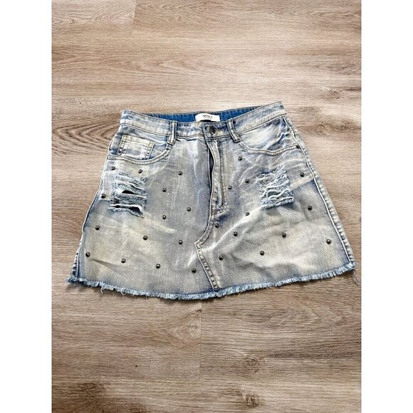 Forever21 Distressed Studded Denim Mini Skirt Womens 26 Grunge Alternative - Picture 1 of 9